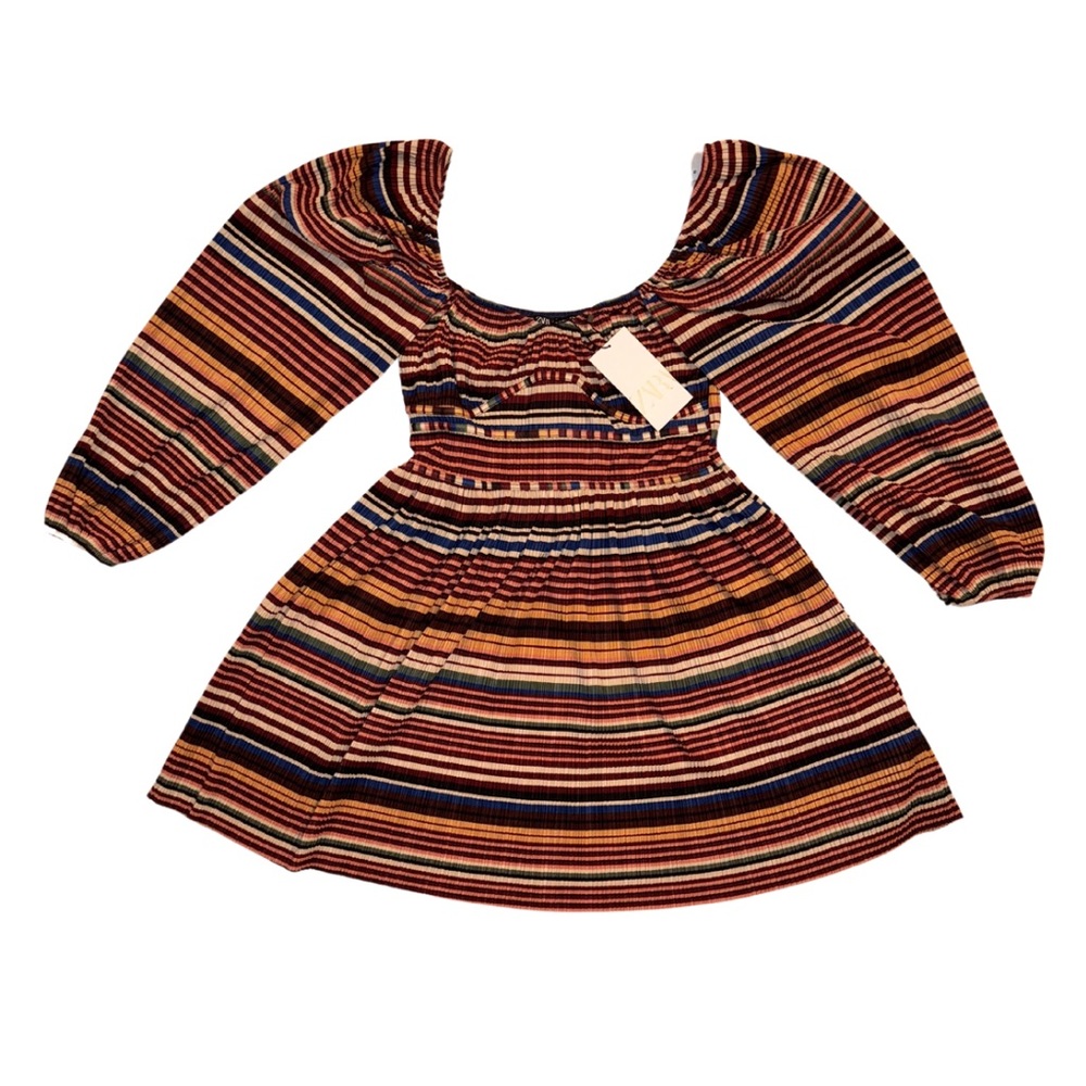ZARA | NWT | Multi-Color Stripe On-Shoulder Puff Sleeve Corset Mini Dress Medium
